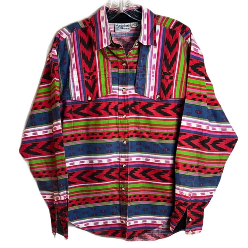 Adobe Rose Sz Medium Southwestern Aztec Casual Red Blue‎ Western Button Down
